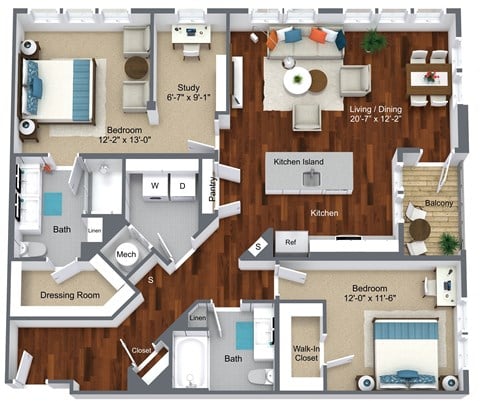 Floor plan for 2 beds, 2 baths, 1370 sqft